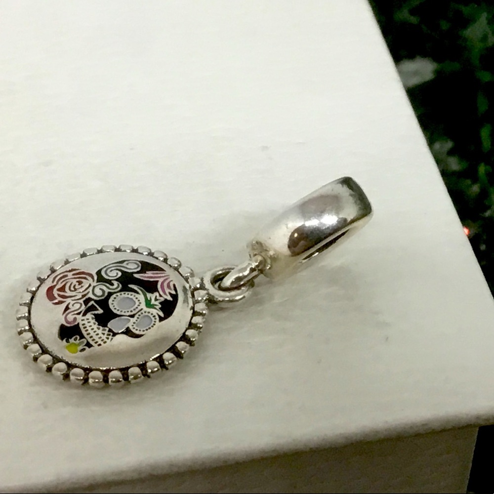 Pandora Beautiful Black Enamel w Pink Sugar Skull Dangle Charm